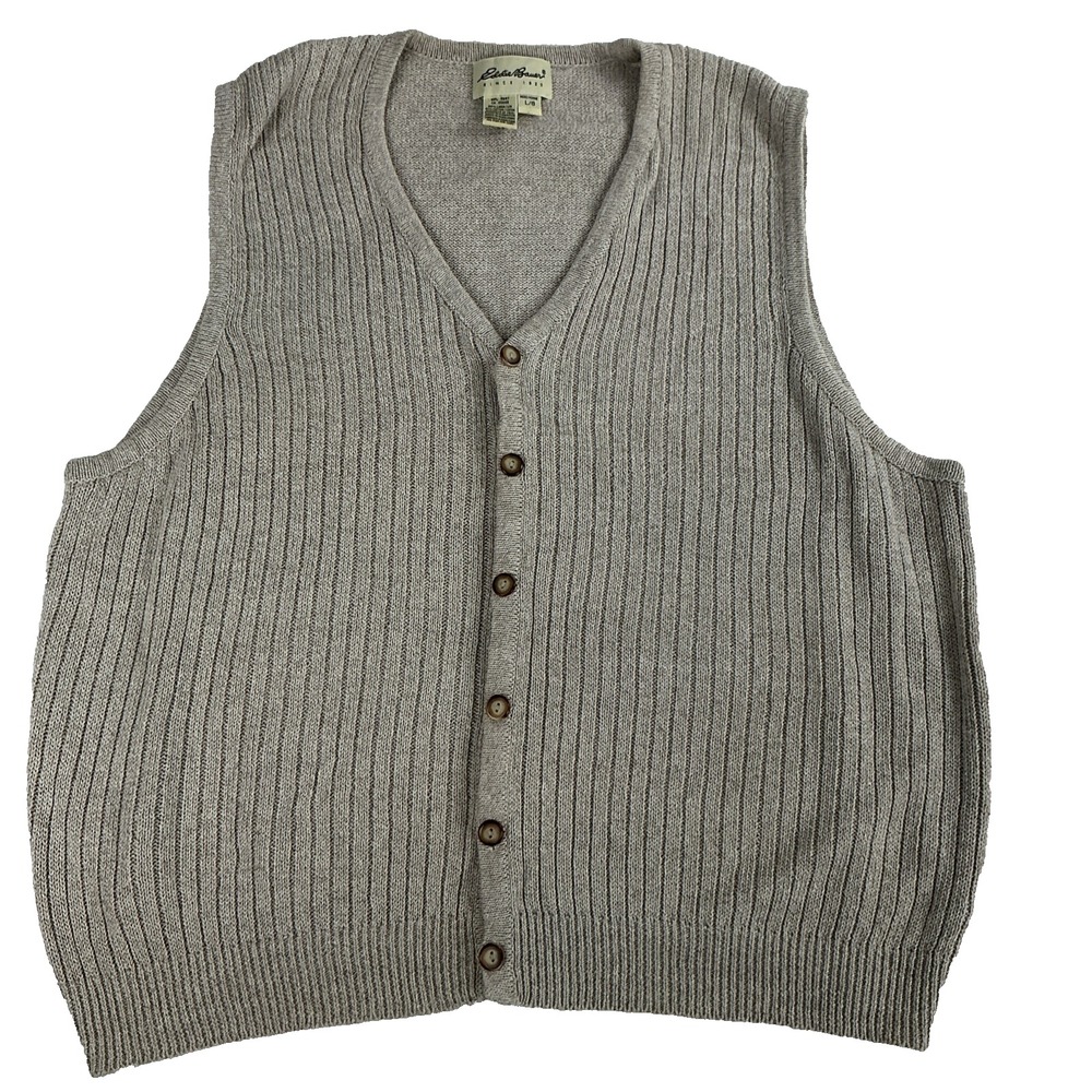 VTG Eddie Bauer Men's L Linen Cotton Blend Button-Front Knit Sweater Vest Tan